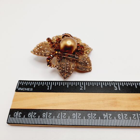 Vintage BJ Rhinestone Faux Pearl Flower Brooch or Pendant - 2 1/4 Inches - Picture 7 of 10